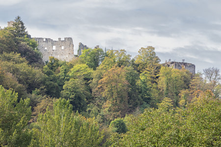 Samobor castle high above the town, seen from the bank of the Gradna Riverのeditorial素材