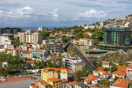 Editorial: FUNCHAL, MADEIRA, PORTUGAL, MAY 30, 2023 - Steep and narrow streets in Funchal seen from the Sao Joao Baptista do Pico fortressのeditorial素材
