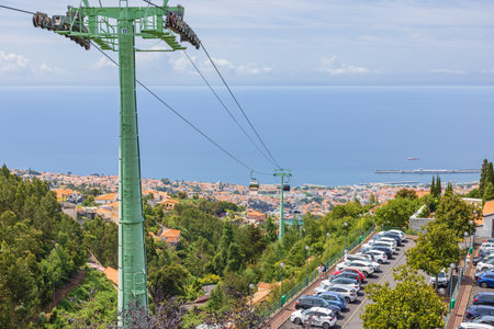 Editorial: FUNCHAL, MADEIRA, PORTUGAL, MAY 30, 2023 - Top station of the Monte Funicular in Funchal near the tropical garden with the Atlantic Ocean in the backgroundのeditorial素材