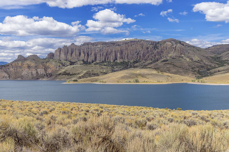 The Blue Mesa Basin with the Dillon Pinnacles in the background in the Curecanti National Recreation Areaの写真素材