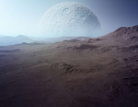 3d generated landscape of a deserted earth with panet in the backgroundの写真素材