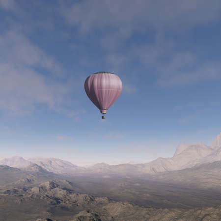3d generated landscape: Hot air balloon flying over a canyonの写真素材
