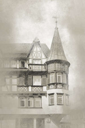 Architectural drawing of an ancient german houseの写真素材