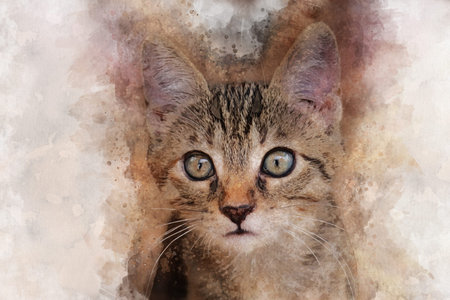 Watercolor hand painted illustration of cute brown kittenの写真素材