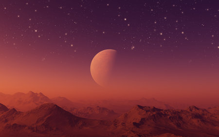 3d rendered Space Art: Alien Planet - A Fantasy Landscape with red skies and stars