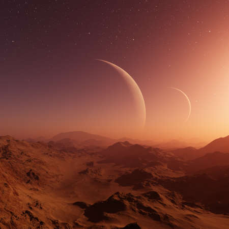 3d rendered Space Art: Alien Planet - A Fantasy Landscape with red skies and starsの写真素材