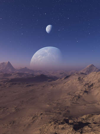 3d rendered Space Art: Alien Planet - A Fantasy Landscape with blue skies and starsの写真素材