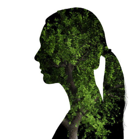 Abstract Woman face silhouette. Forest background. Woman face and beautiful nature landscape inside.の写真素材