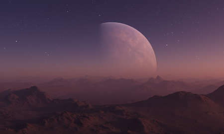 3d rendered Space Art: Alien Planet - A Fantasy Landscape with red skies and starsの写真素材