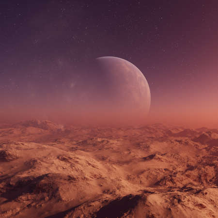 3d rendered Space Art: Alien Planet - A Fantasy Landscape with purple skies and starsの写真素材