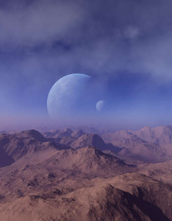 3d rendered Space Art: Alien Planet - A Fantasy Landscape with blue skies and cloudsの写真素材