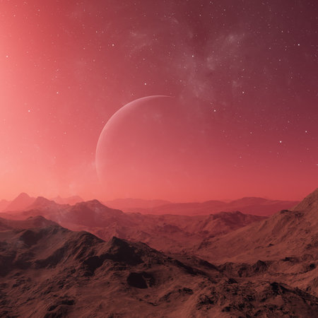 3d rendered Space Art: Alien Planet - A Fantasy Landscape with red skies and clouds