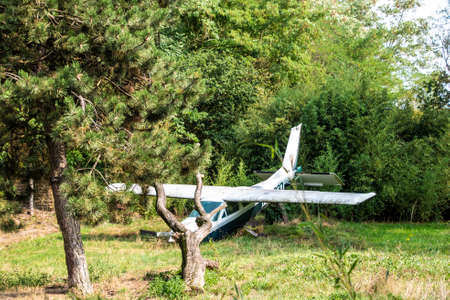 Overloon, The Netherlands - September 8, 2019:Old vintage airplane used as a decoration, old air transportation vehicleの写真素材