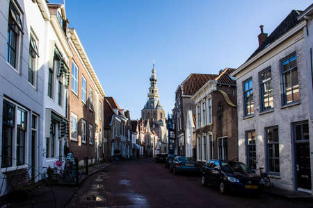 Zierikzee, Netherlands - December 6, 2019 - View on old Dutch houses and tower of City Museum in Zierikzee, historical town in province Zeeland, Netherlandsのeditorial素材
