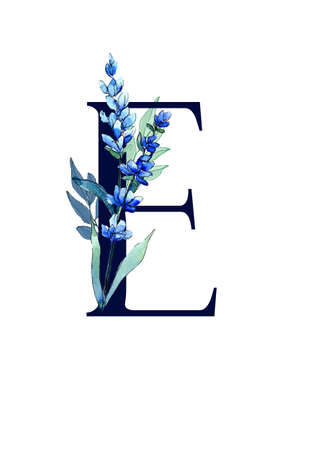 Floral monogram (letter) - decorated with blue lavender and leaves, watercolorの写真素材