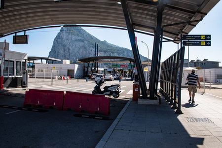 Gibraltar - February 20, 2020: Border crossing from Spain to Gibraltar. Pedestrian and vehicle...