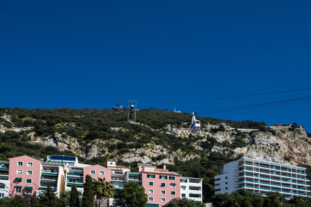 Gibraltar, UK -February 20, 2020. The Cable Car ascending to the top of the Rock of Gibraltar. British Overseas Territory, UK.のeditorial素材