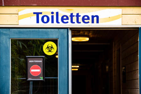 Overloon, Netherlands - May 15, 2020: public toilets closed because of Coronaの写真素材