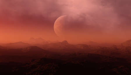 3d rendered Space Art: Alien Planet - A Fantasy Landscape with red skies and cloudsの写真素材