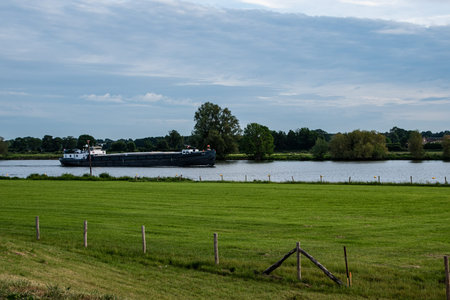 Summer morning - a dutch dike landscape at the river Maas with boat. Agricultural landscape.