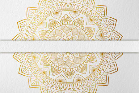 White greeting card with goldenMandala. Great for invitation, flyer, menu, brochure, postcard, wallpaper, decoration, or any desired idea.の写真素材