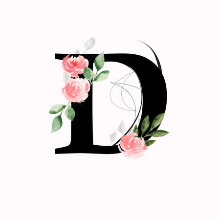 Floral monogram (letter D) - decorated with pink roses and leaves, watercolorの写真素材