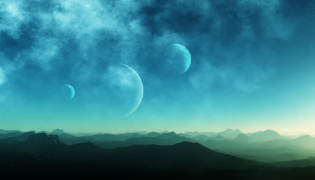 3d rendered Space Art: Alien Planets - A Fantasy Landscape with blue skies and clouds