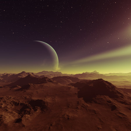 3d rendered Space Art: Alien Planet - A Fantasy Landscape with dark skies and clouds