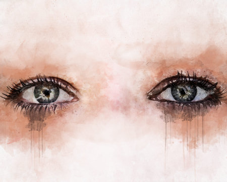 Human sad eyes painted with watercolors on the paper closeupの写真素材