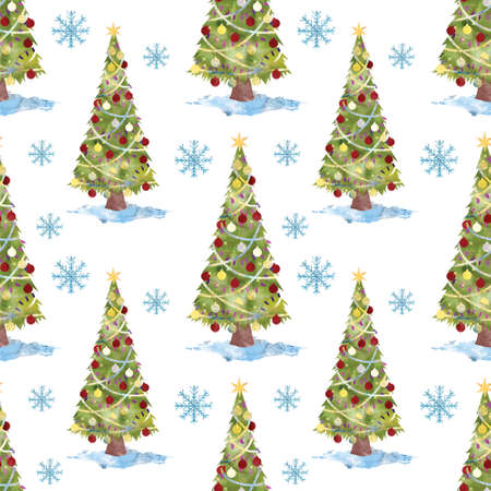 Christmas seamless pattern with christmas tree and snowflakes on a white background for New Year, Christmas holiday, wallpaper, wrapper, backgroundの写真素材