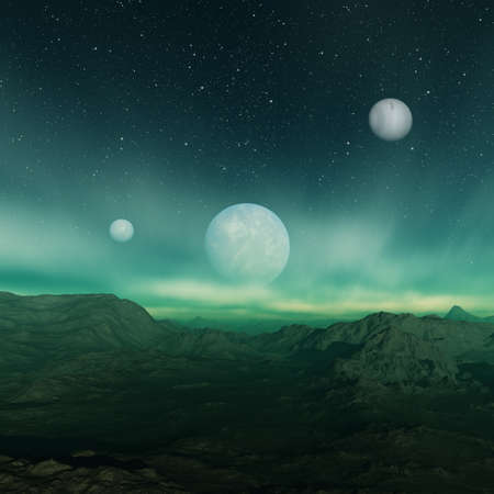 3d rendered Space Art: Alien Planet - A Fantasy Landscape with dark skies and cloudsの写真素材
