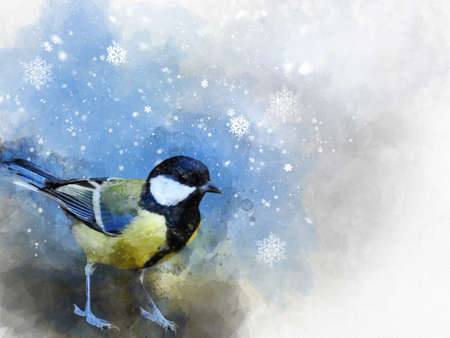 Little big tit with snowflakes.Watercolor Digital Painting vintage effect. Bird illustration. Winter.の写真素材