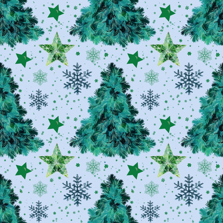 Christmas seamless pattern with christmas tree and snowflakes on a baby blue background for New...