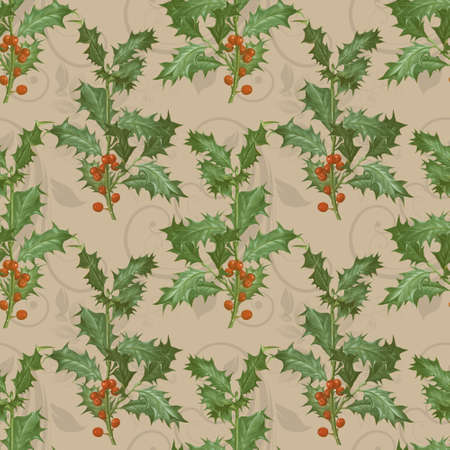 Winter seamless pattern with holly berries. Part of Christmas backgrounds collection. Can be used for, pattern fills, surface textures, fabric prints, greeting cards, wrapping papers.の写真素材