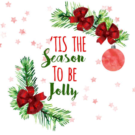 this the season to be holly. Winter holidays quote with fir branches and snowflakes. Hand drawn lettering.の写真素材