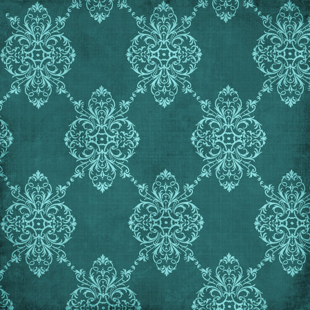 Floral teal blue pattern. Vintage wallpaper in the Baroque style.Black and red ornament for fabric,...