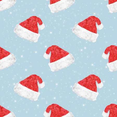 Christmas seamless pattern with hat of Santa Claus and snowflakes on a bright blue background for New Year, Christmas holiday, wallpaper, wrapper, backgroundの写真素材