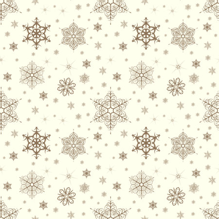 Beautiful seamless pattern for Merry Christmas and New Year. Ecru background with brown snowflakes. Christmas and New Year background. Holiday Wallpaper. Winter infinite background. Snowflakes seamless pattern.の写真素材