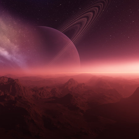 3d rendered Space Art: Alien Planet - A Fantasy Landscape with red skies and stars