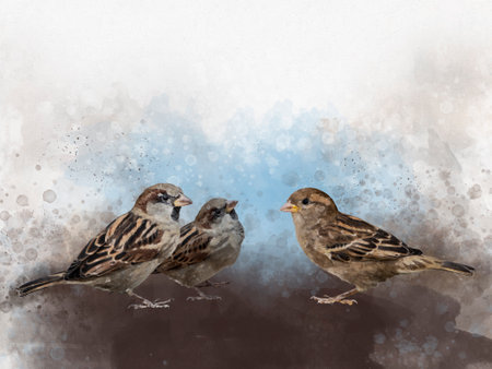 Three sparrows Watercolor Digital Painting vintage effect - bird illustrationの写真素材