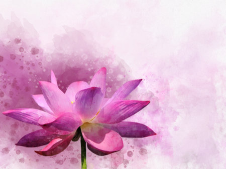 A watercolor painting of a vibrant pink lotus flower. Botanical art. Decorative element for a greeting card or wedding invitationの写真素材