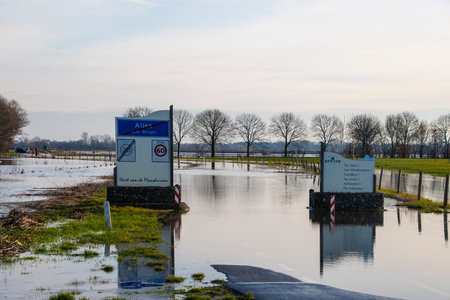 Aijen, Limburg, The Netherlands - February 1, 2021 - Landscape with flooded river Maas in Bergen -...