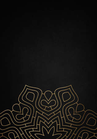 Golden shiny glowing floral forms isolated over black background. Mandala. Golden luxury elegant floral design. Illustration template.の写真素材
