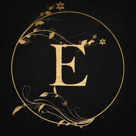 Luxury Boutique Letter E Monogram Logo, Vintage Golden Badge With Elegant Floral Designの写真素材