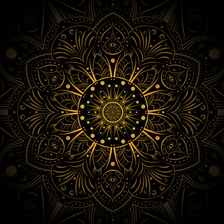 Black vintage greeting card with golden Mandala. Great for invitation, flyer, menu, brochure, postcard, wallpaper, decoration, or any desired idea.の写真素材