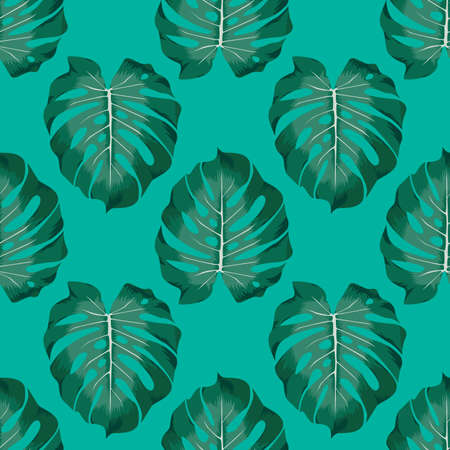 Seamless pattern with exotic leaves. Watercolor summer illustration with green leavesの写真素材