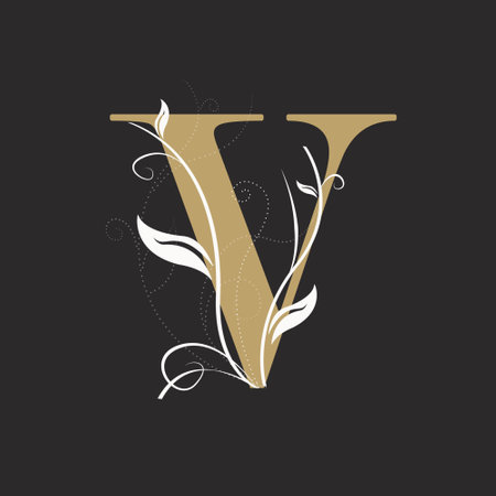 Luxury Boutique Letter V Monogram Logo, Vintage Golden Letter With Elegant Floral Designの写真素材