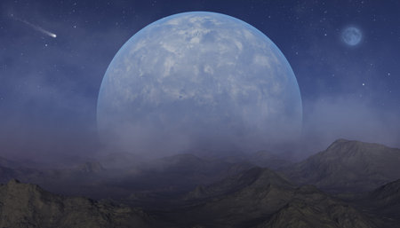 3d rendered Space Art: Alien Planet - A Fantasy Landscape with blue skies and stars