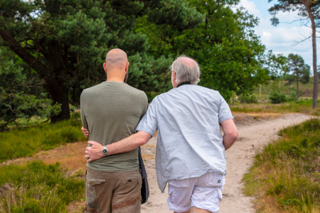 Gay couple walking in park on sunny day, back viewの写真素材