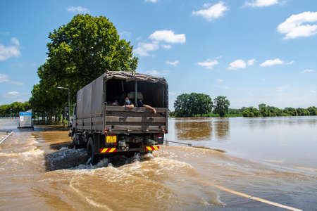 Oud Bergen, Limburg, The Netherlands, July 17, 2021 - Flood conditions in the province Limburg, streets full of water, residents evacuate, Netherlands, July 17, 2021のeditorial素材